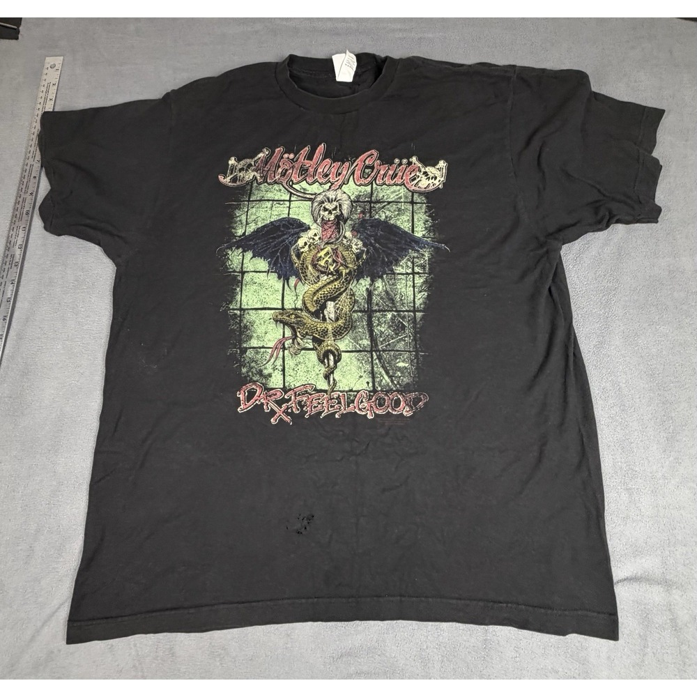Motley Crue Shirt Tultex Mens XL Black Dr Feelgood Vintage Thrashed Band Tee 90